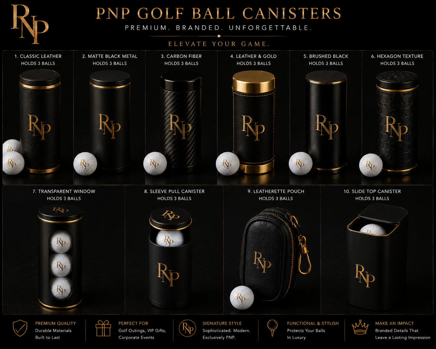 Collection of custom PNP branded golf ball canisters in leather, matte black metal and carbon fiber finishes