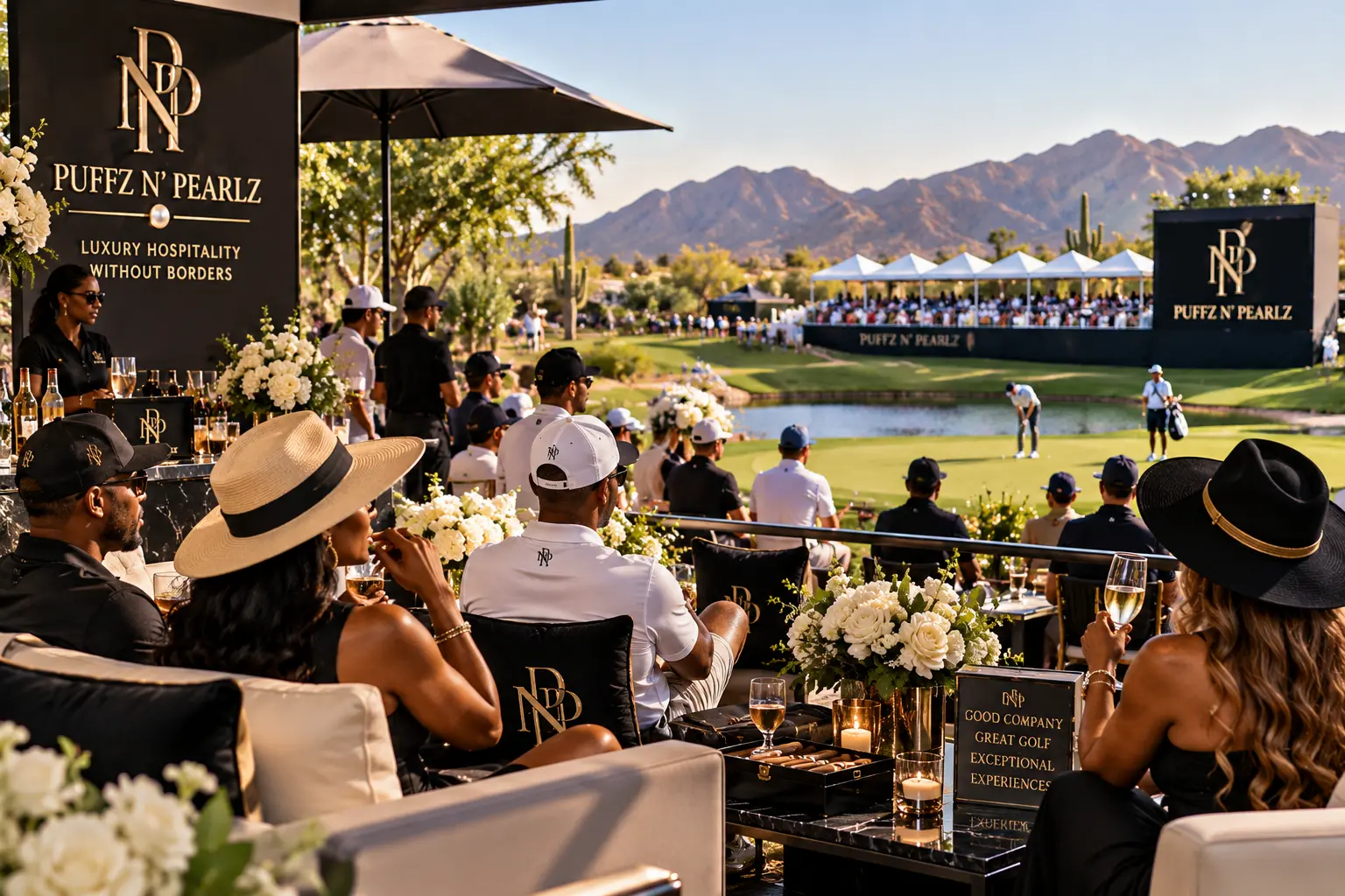 Golf guests viewing the tournament from a Puffz N' Pearlz hospitality setting