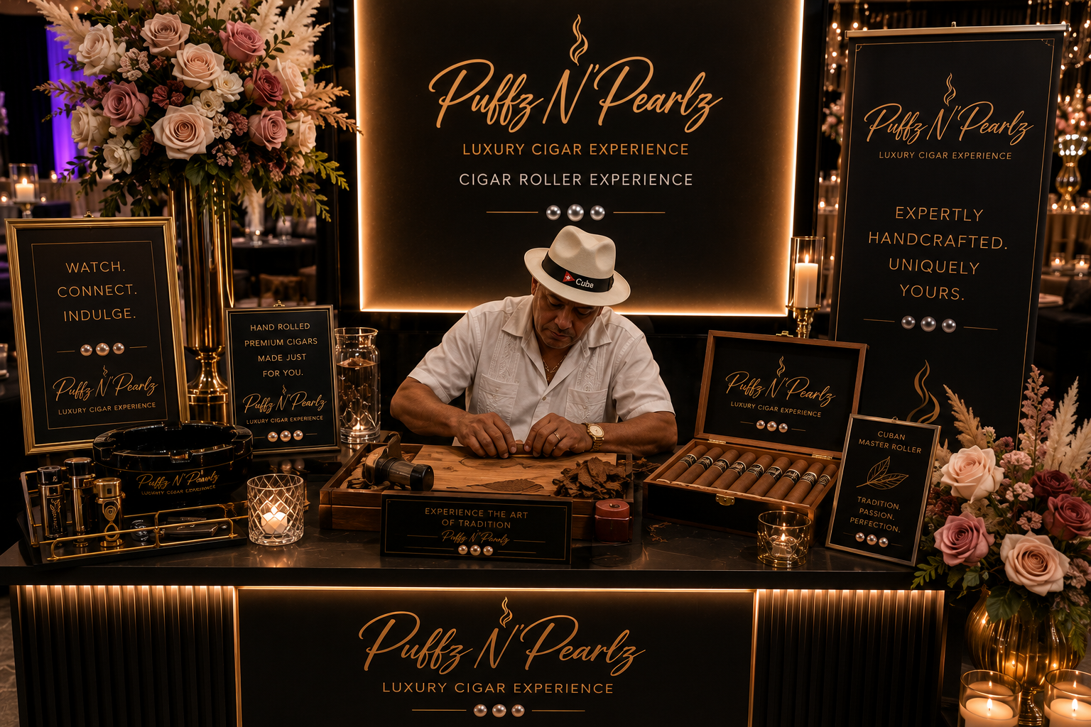 Cuban master cigar roller in a white fedora working at an elegant branded cigar station