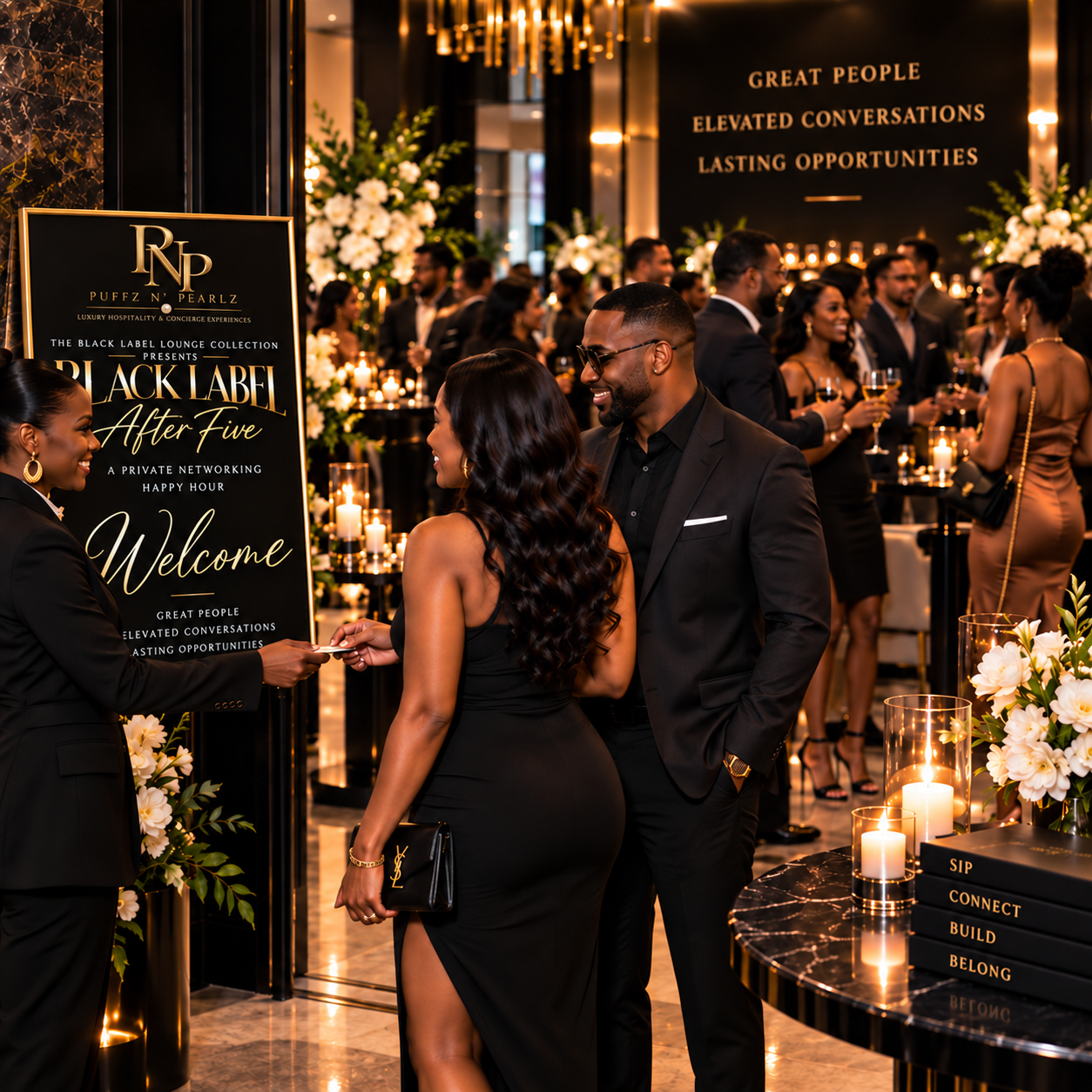 A Puffz N' Pearlz event representative personally welcoming guests at Black Label After Five check-in