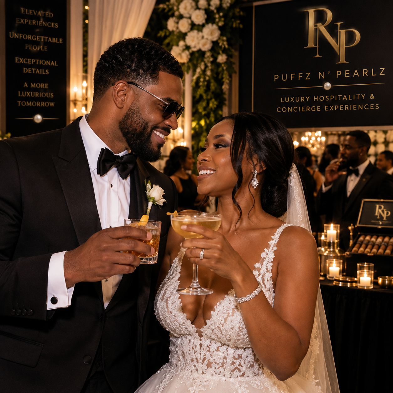 Newlyweds toasting with guests at a candlelit luxury wedding reception