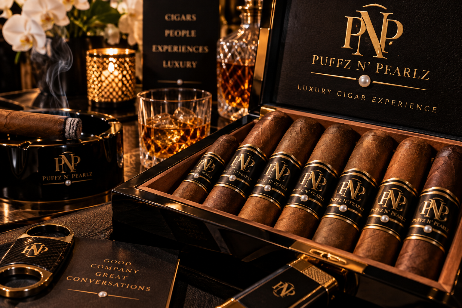 Puffz N' Pearlz signature cigars with official gold monogram branding