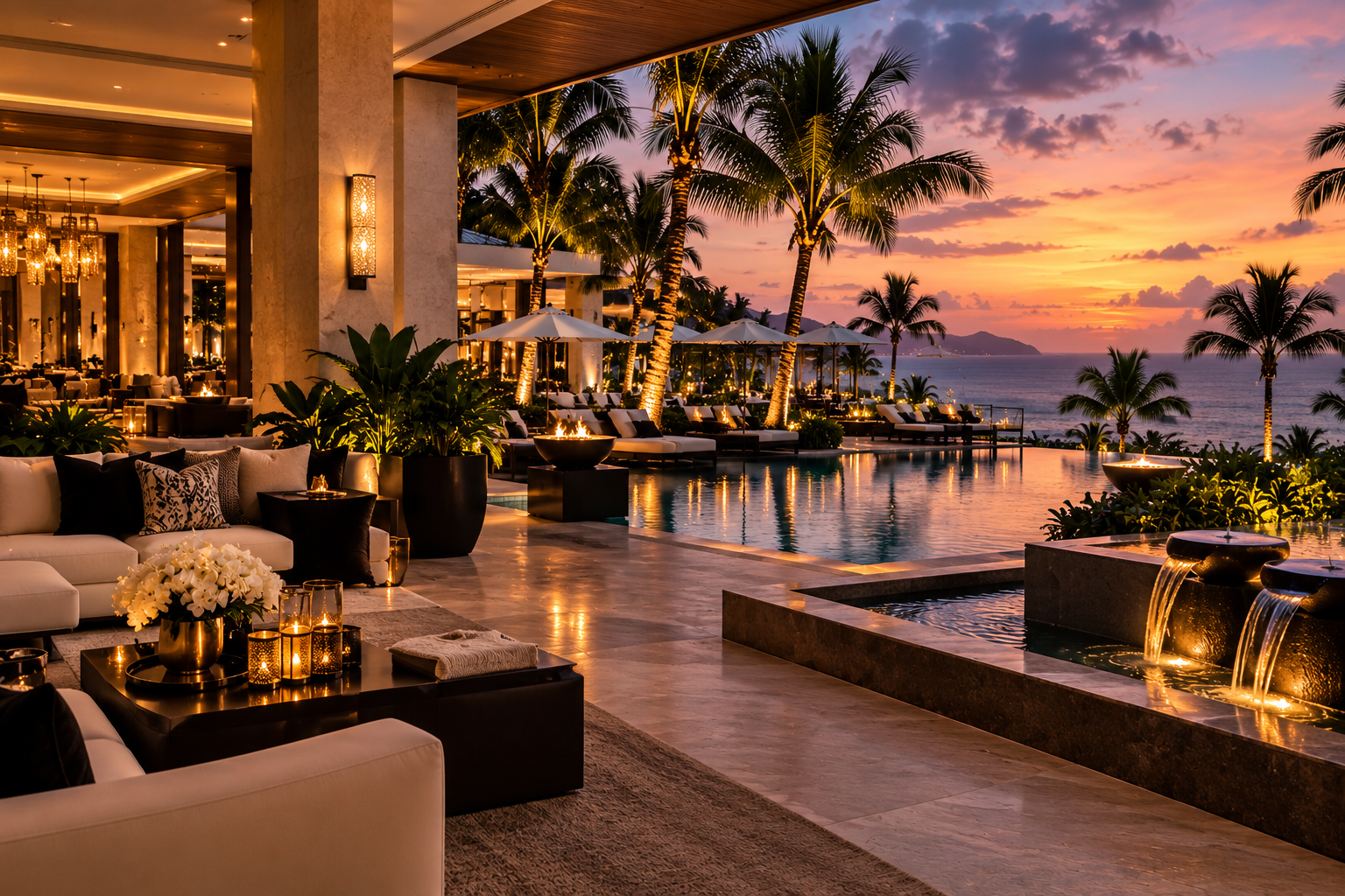 Luxury tropical resort hospitality overlooking an infinity pool at sunset