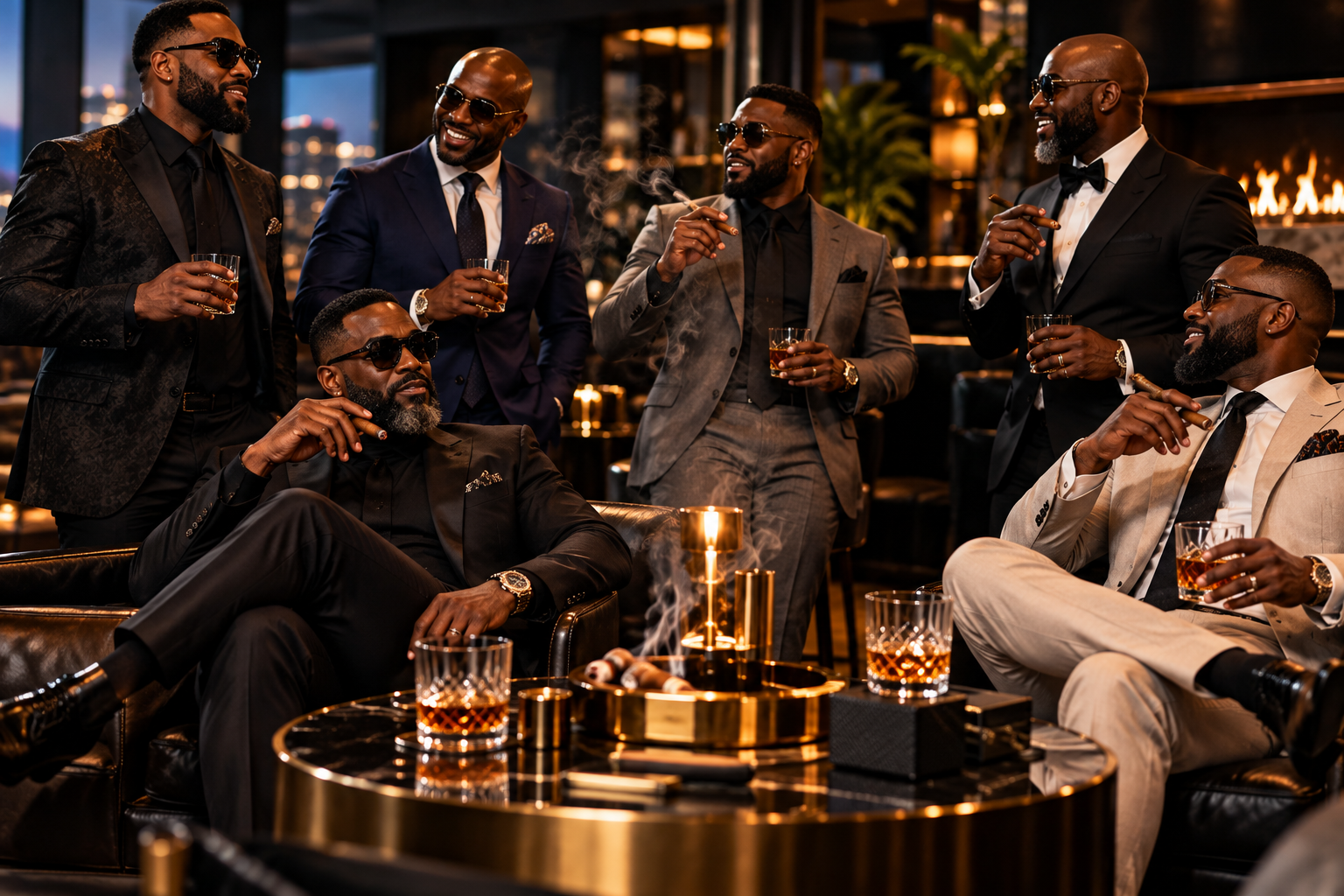 Six gentlemen in tailored suits gathered in an upscale lounge