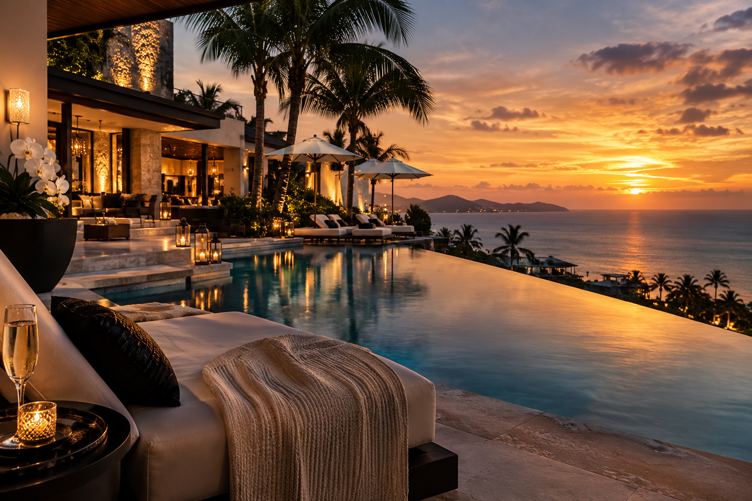 Luxury tropical resort hospitality overlooking an infinity pool at sunset