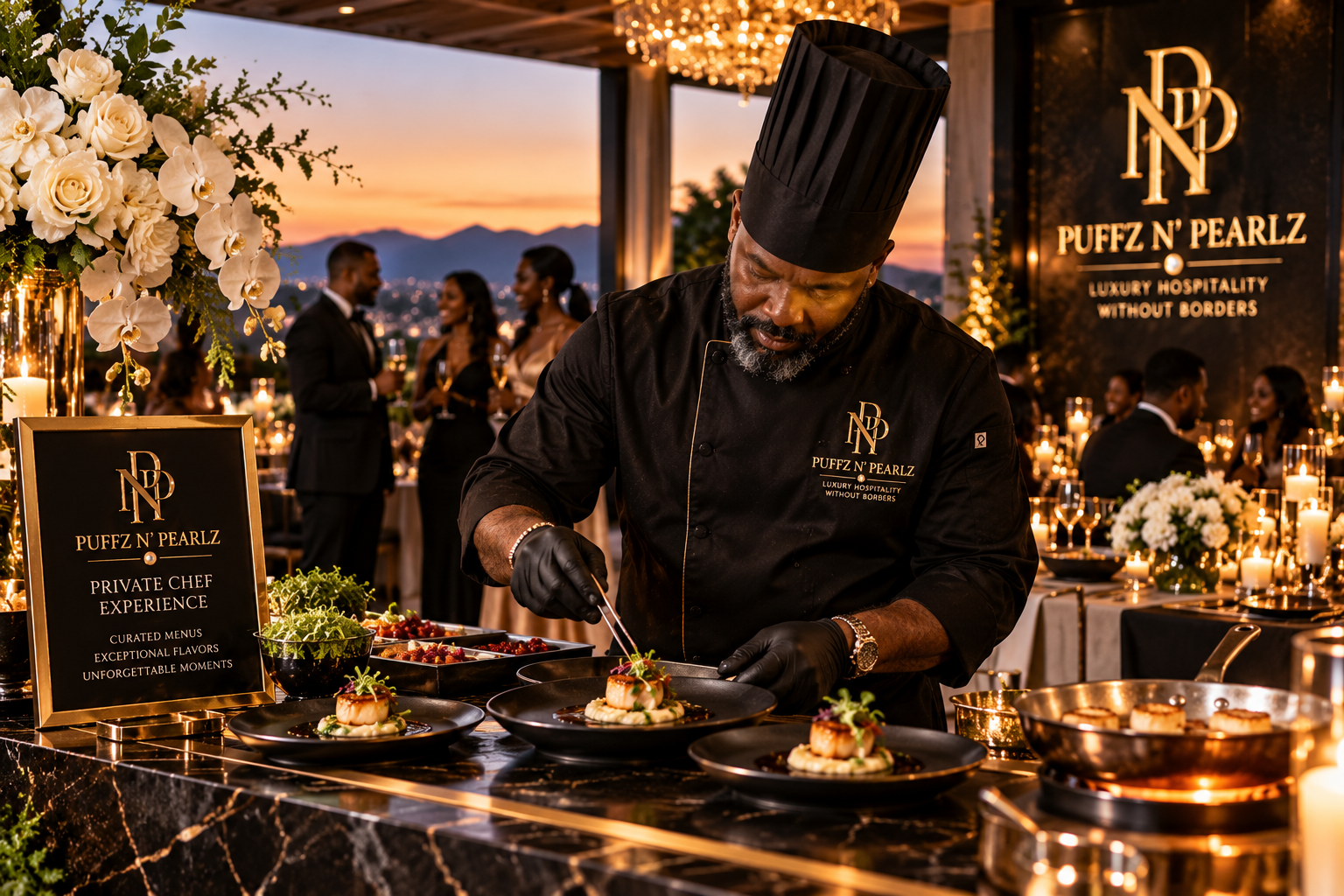 Puffz N' Pearlz private chef plating a gourmet course for wedding guests