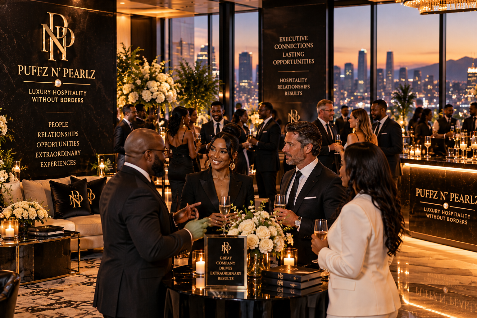 Multicultural executives at a Puffz N' Pearlz corporate gathering