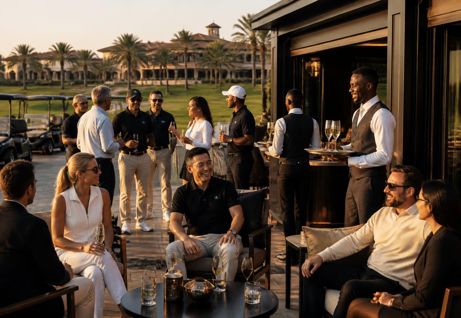 Men and women executives socializing at a resort golf estate hospitality pavilion with concierge beverage service