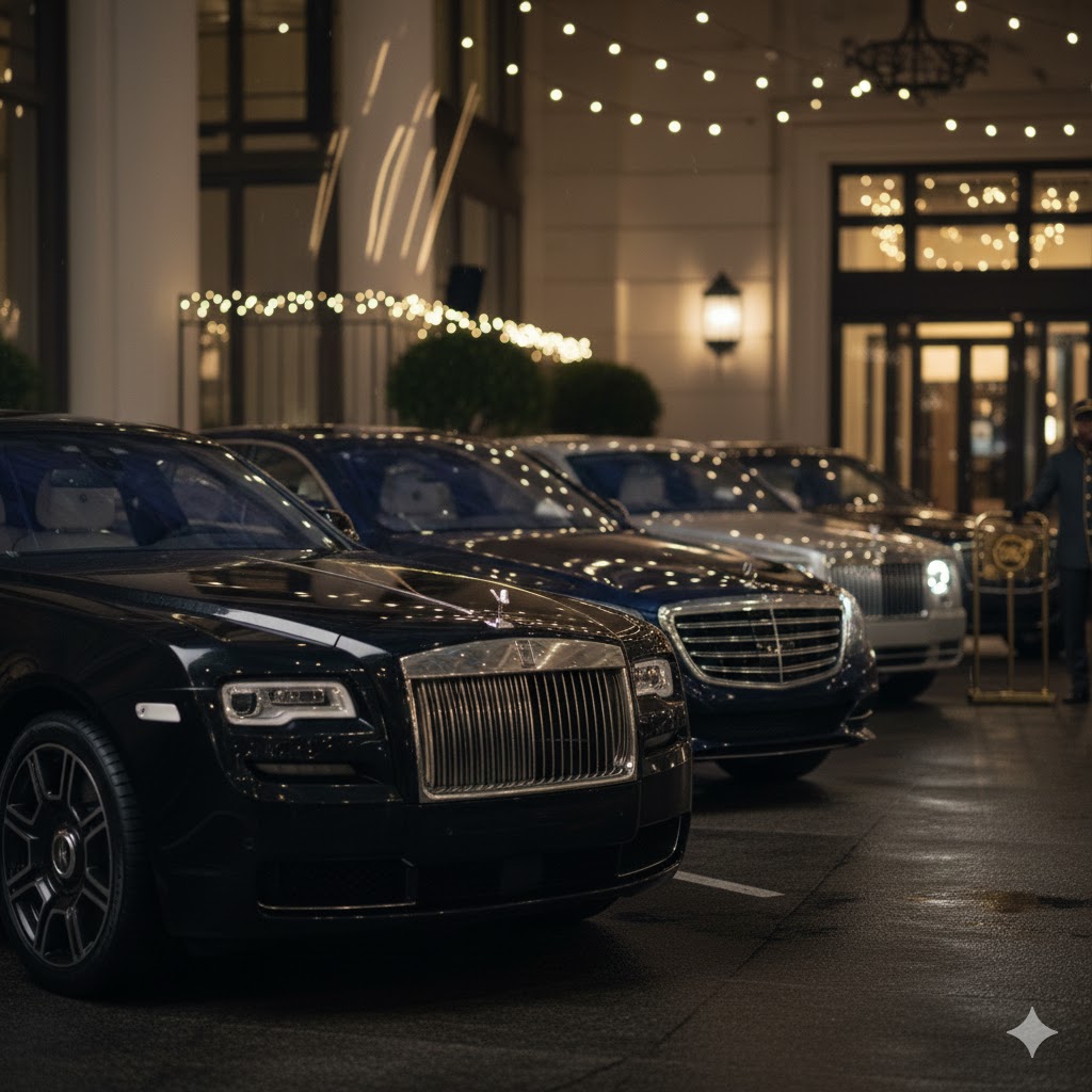 Valet arrival at a luxury hotel entrance at night