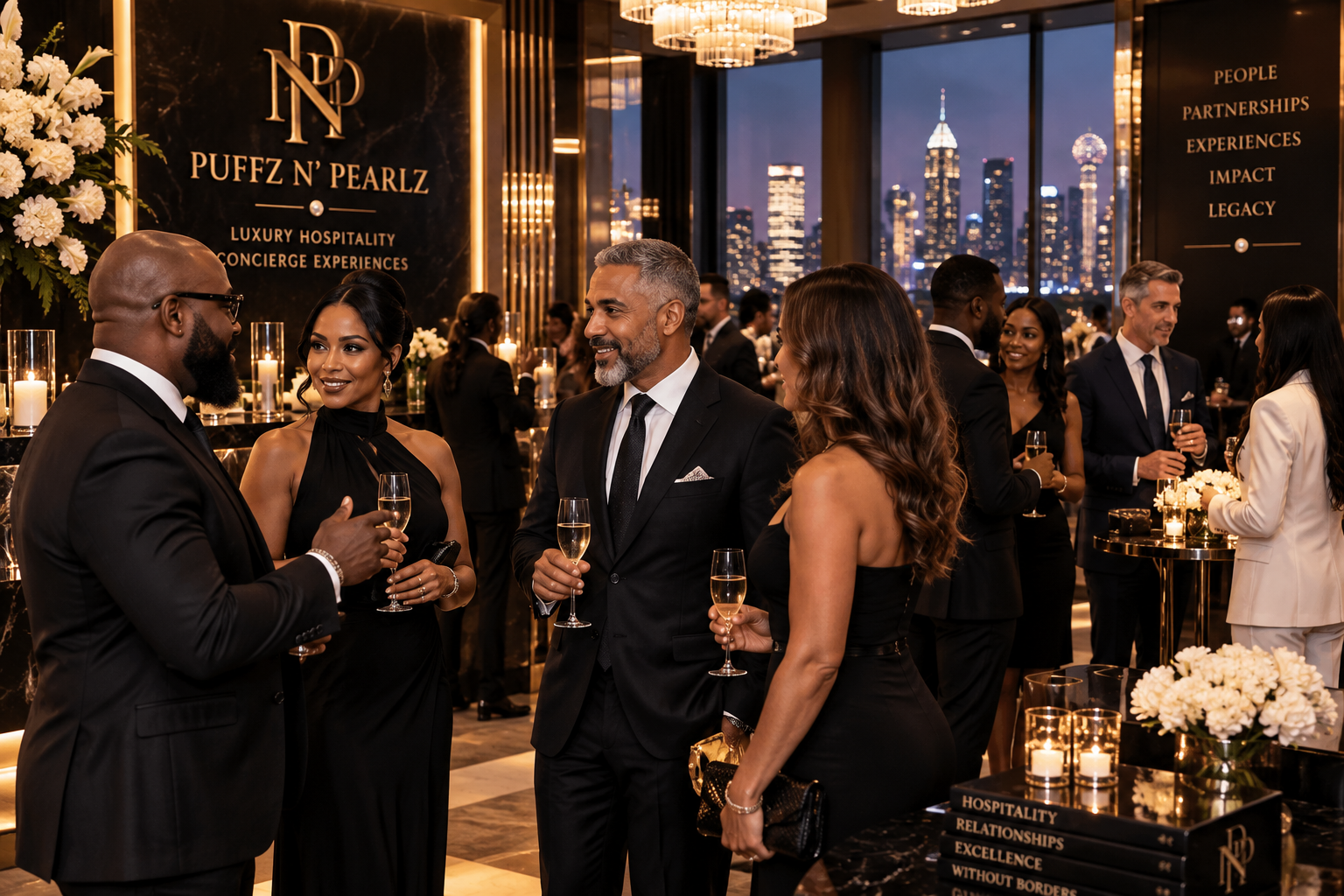 Executives networking beneath chandeliers at a corporate gala