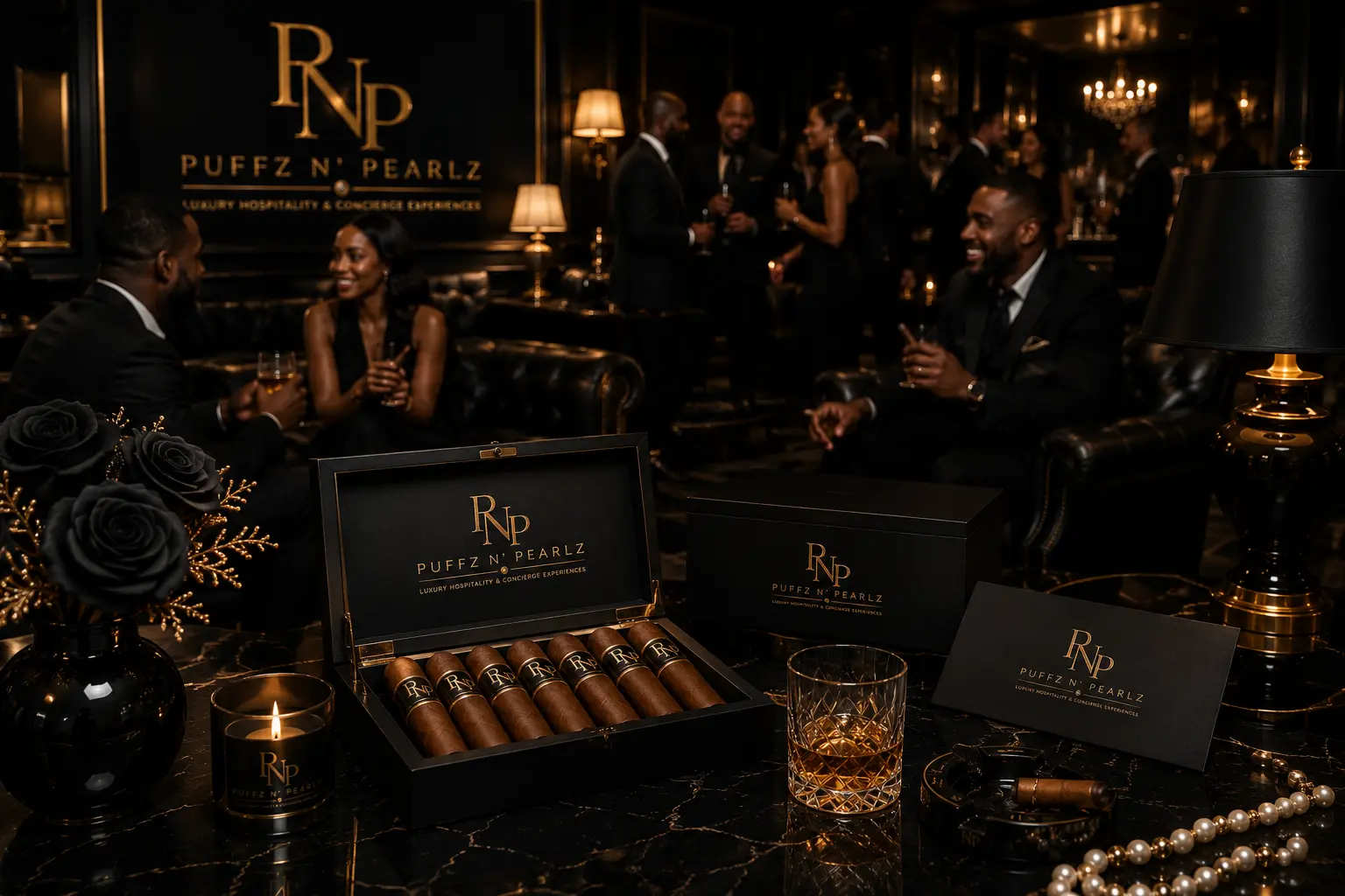 Guests seated in a candlelit private Puffz N' Pearlz salon evening