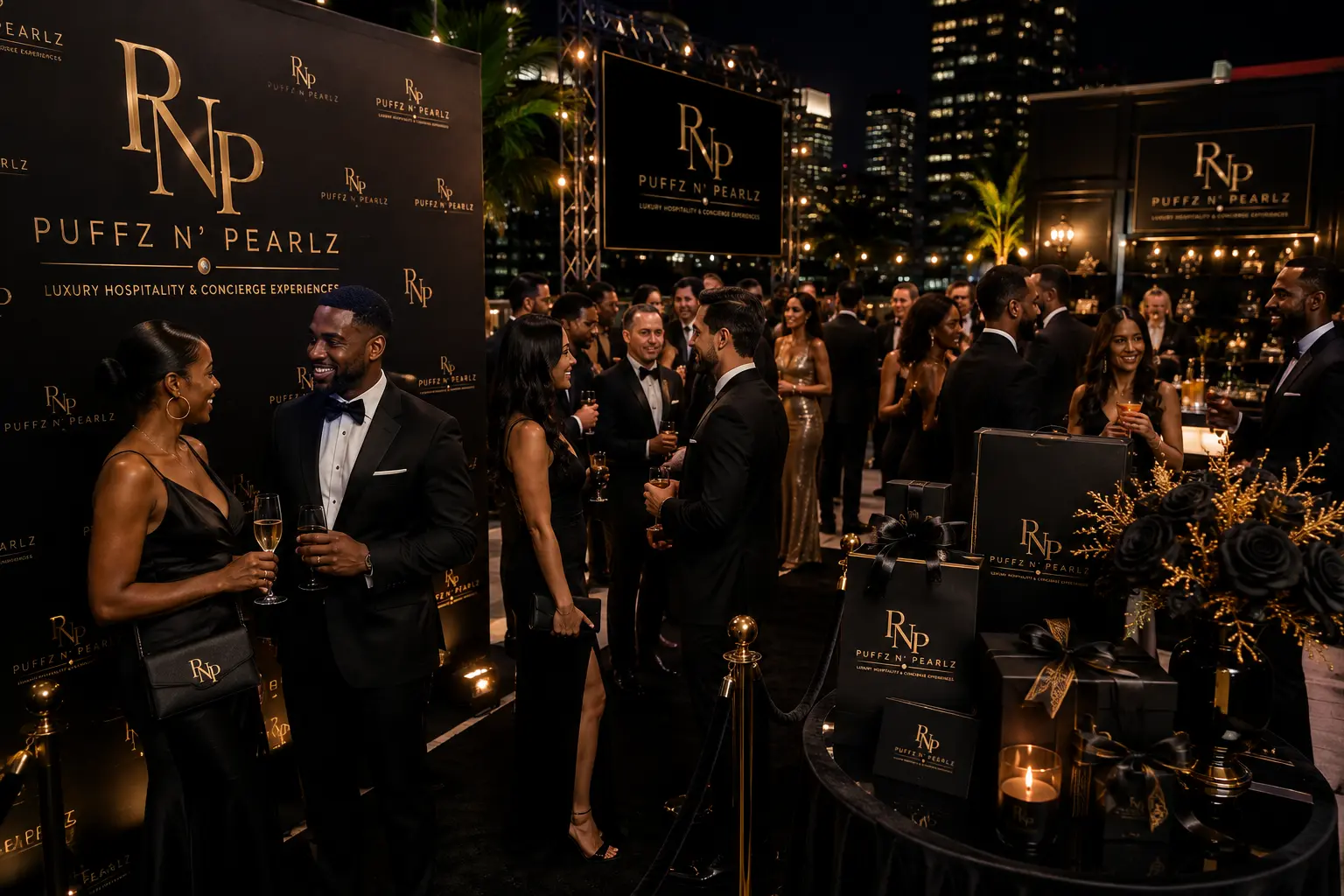 Guests in black tie greeted on the black carpet at a Puffz N' Pearlz experience