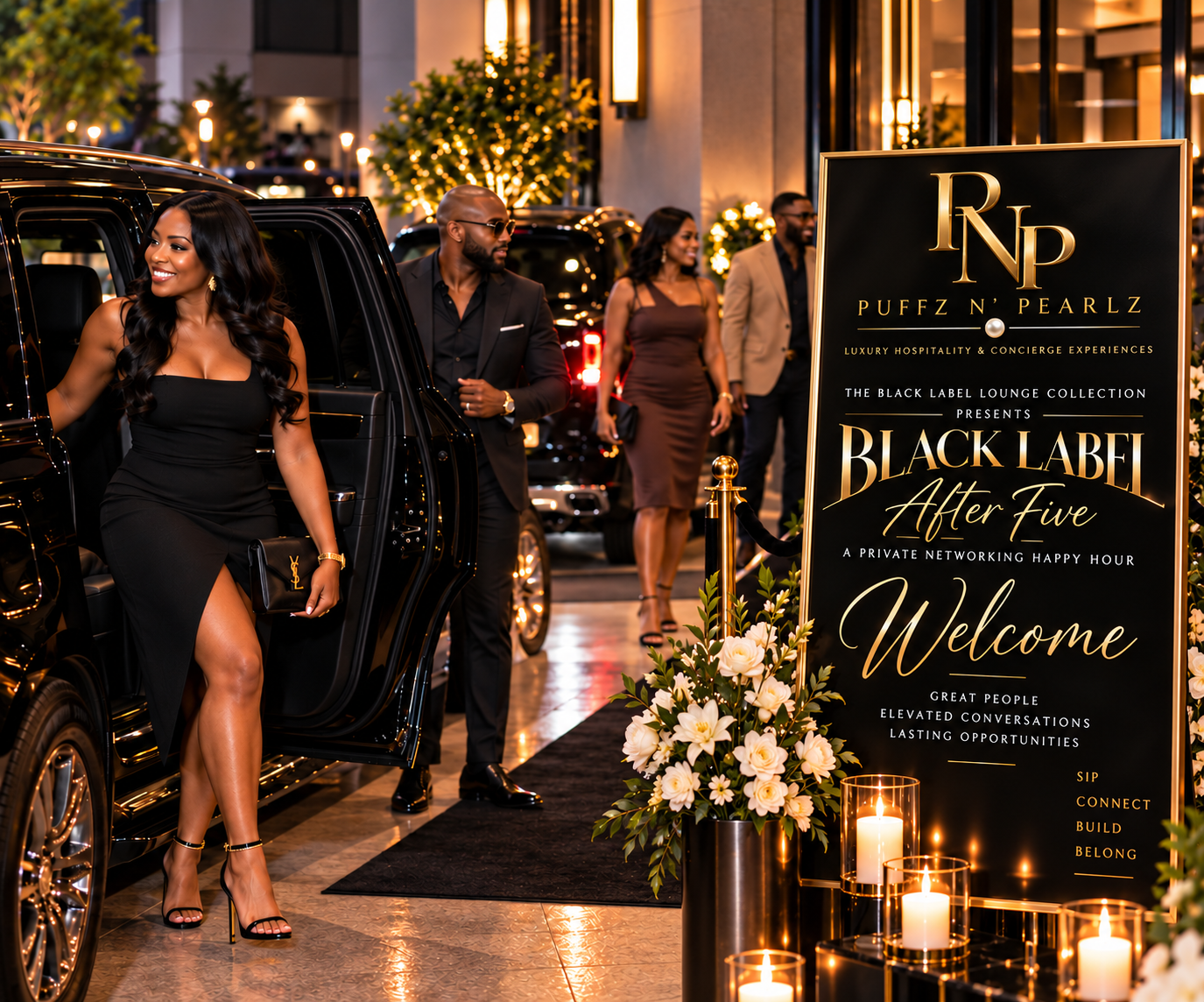 Guests arriving outside Black Label After Five beside the Puffz N' Pearlz welcome sign
