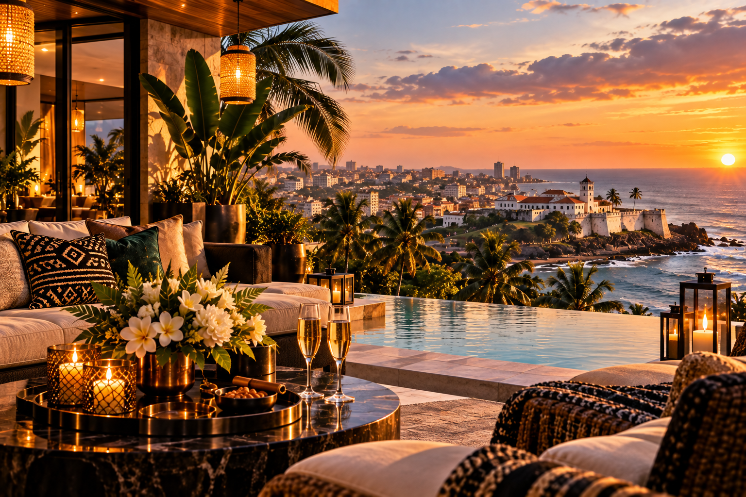 Luxury coastal hospitality setting overlooking historic architecture in Ghana at sunset