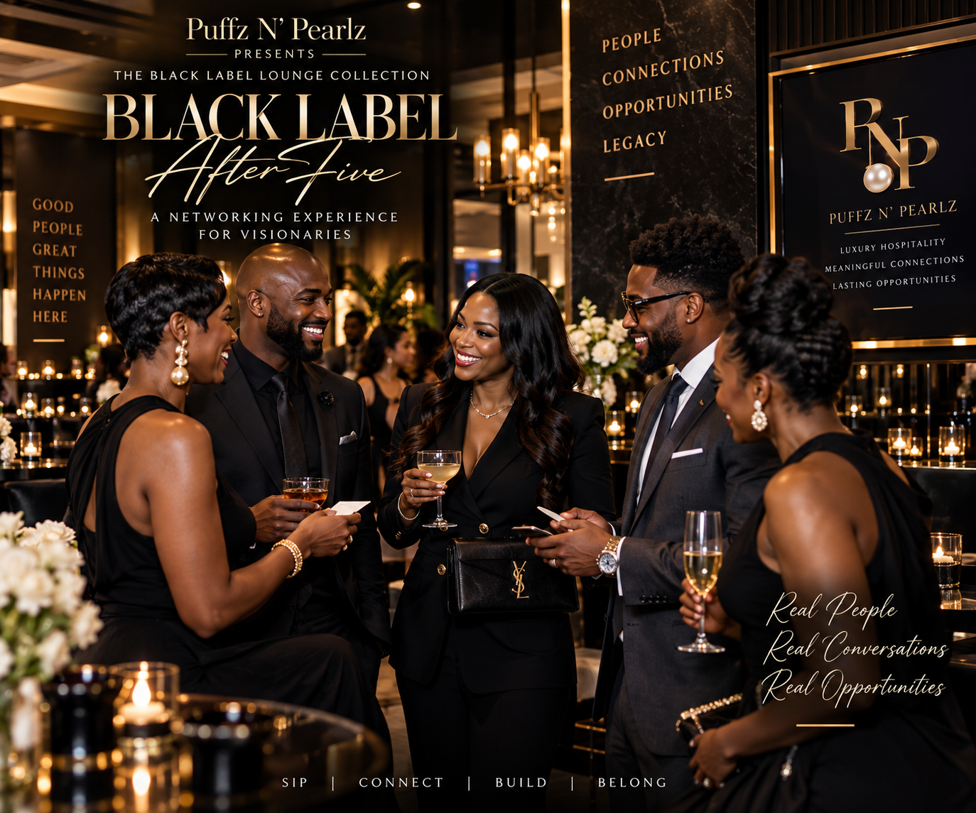 Professionally dressed Black Label After Five guests talking, laughing and building meaningful connections