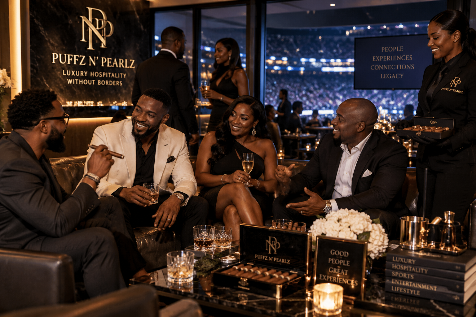 Diverse guests socializing in a Puffz N' Pearlz stadium suite