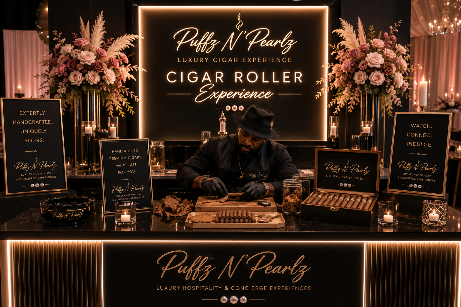 Professional cigar roller in black hat and gloves at a backlit Puffz N' Pearlz branded station