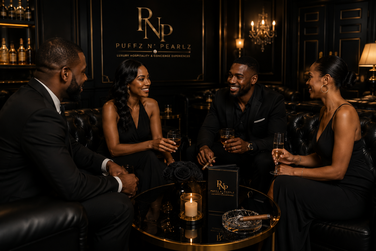 Four sophisticated guests laughing over cocktails in the Puffz N' Pearlz Black Label Lounge