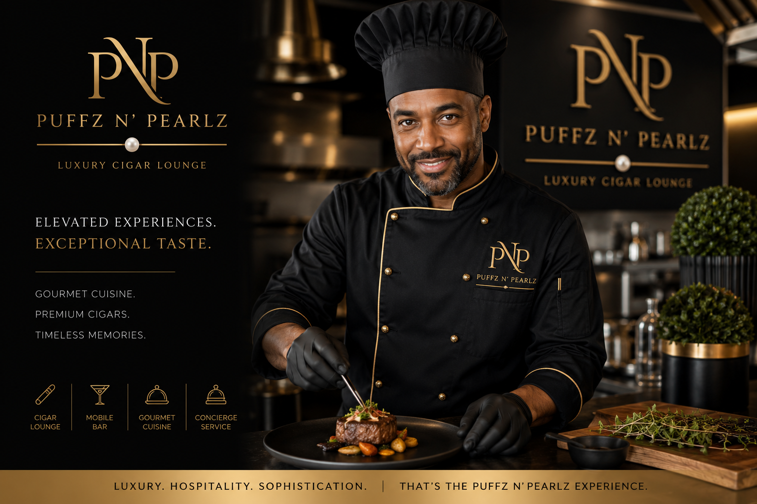 Puffz N' Pearlz private chef plating a gourmet course in a black and gold branded kitchen