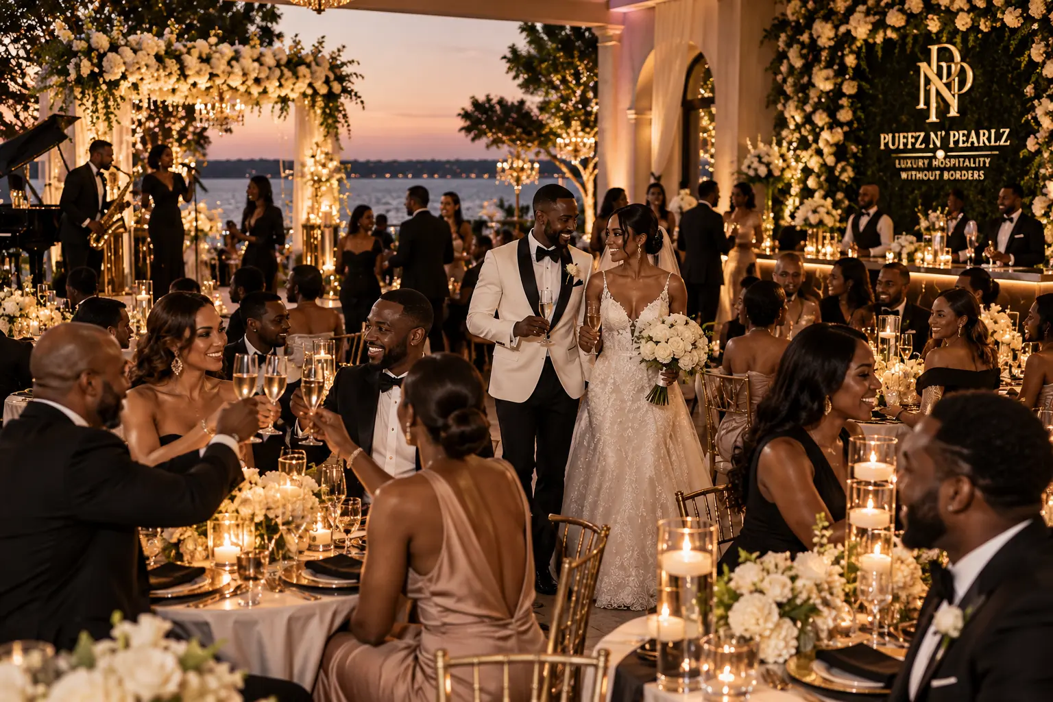 Multicultural wedding guests dining at a waterfront Puffz N' Pearlz reception