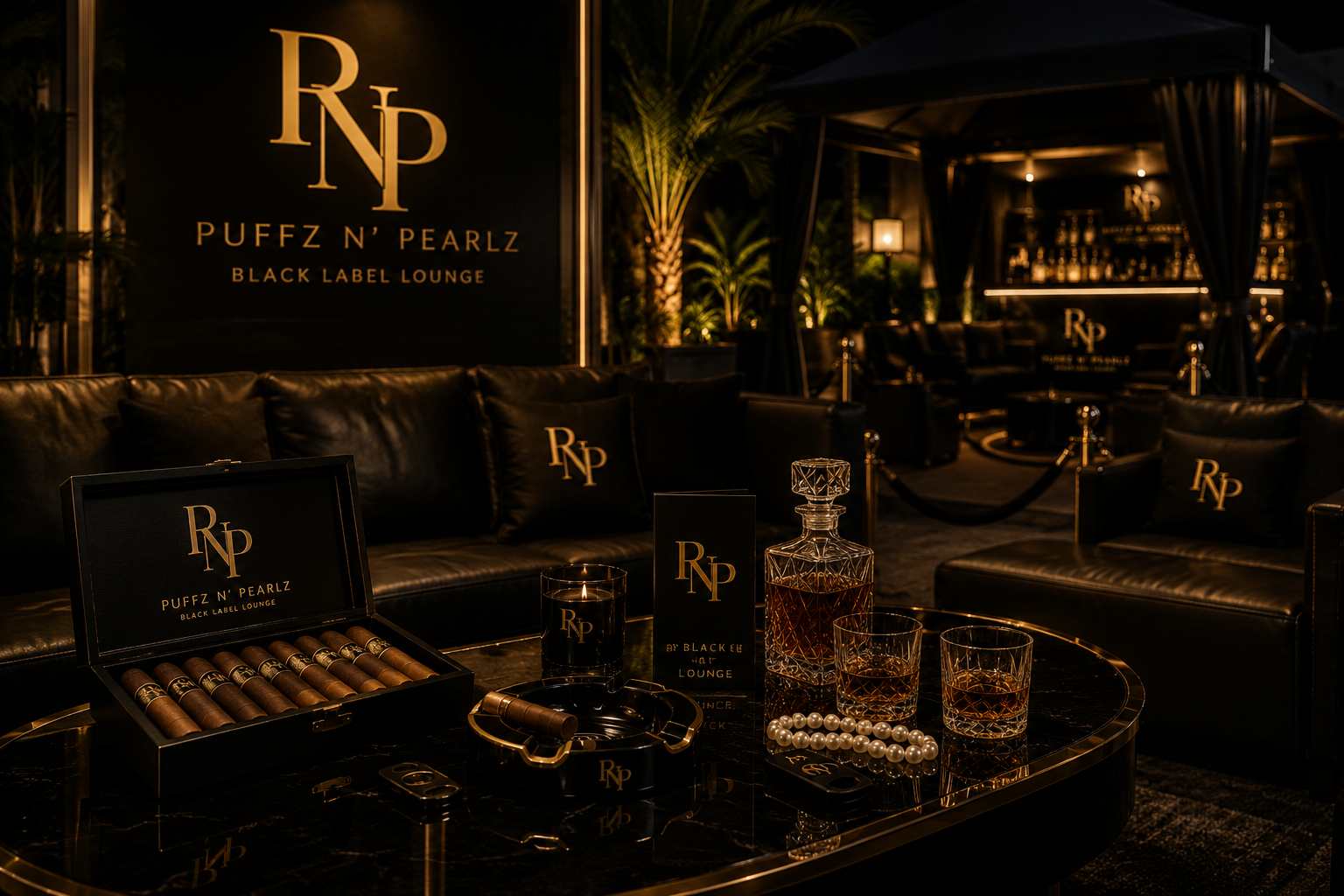 The Puffz N' Pearlz Black Label Lounge — black leather seating, gold monogram signage and candlelit service
