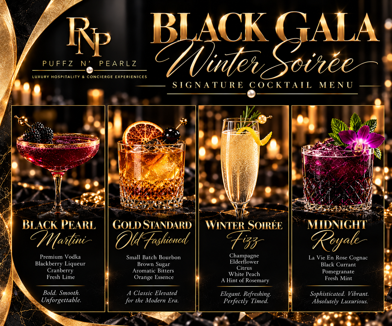 Black Gala Winter Soirée Signature Cocktail Menu — Black Pearl Martini, Gold Standard Old Fashioned, Winter Soirée Fizz and Midnight Royale
