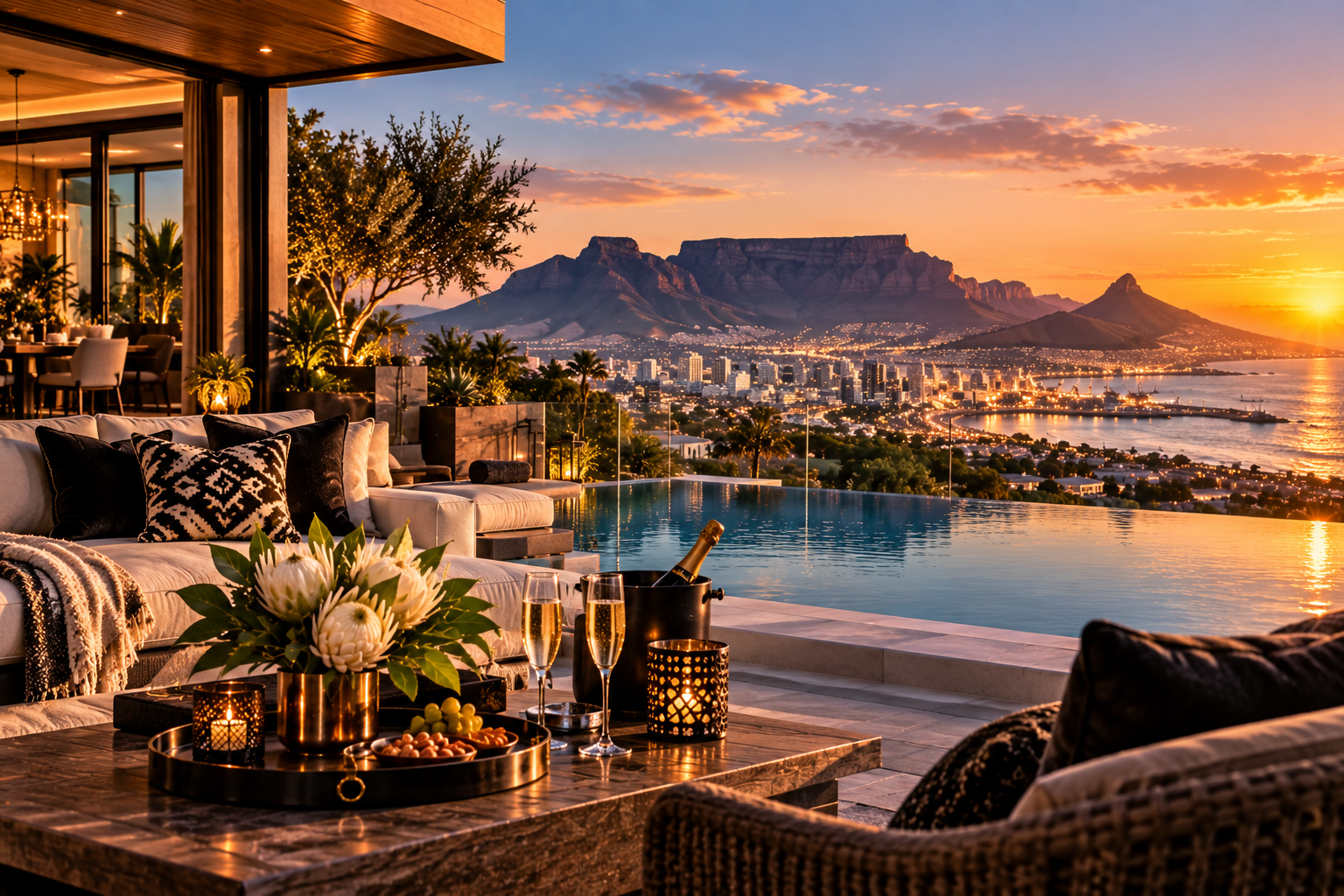 Luxury terrace overlooking Cape Town, Table Mountain and the South African coast at sunset