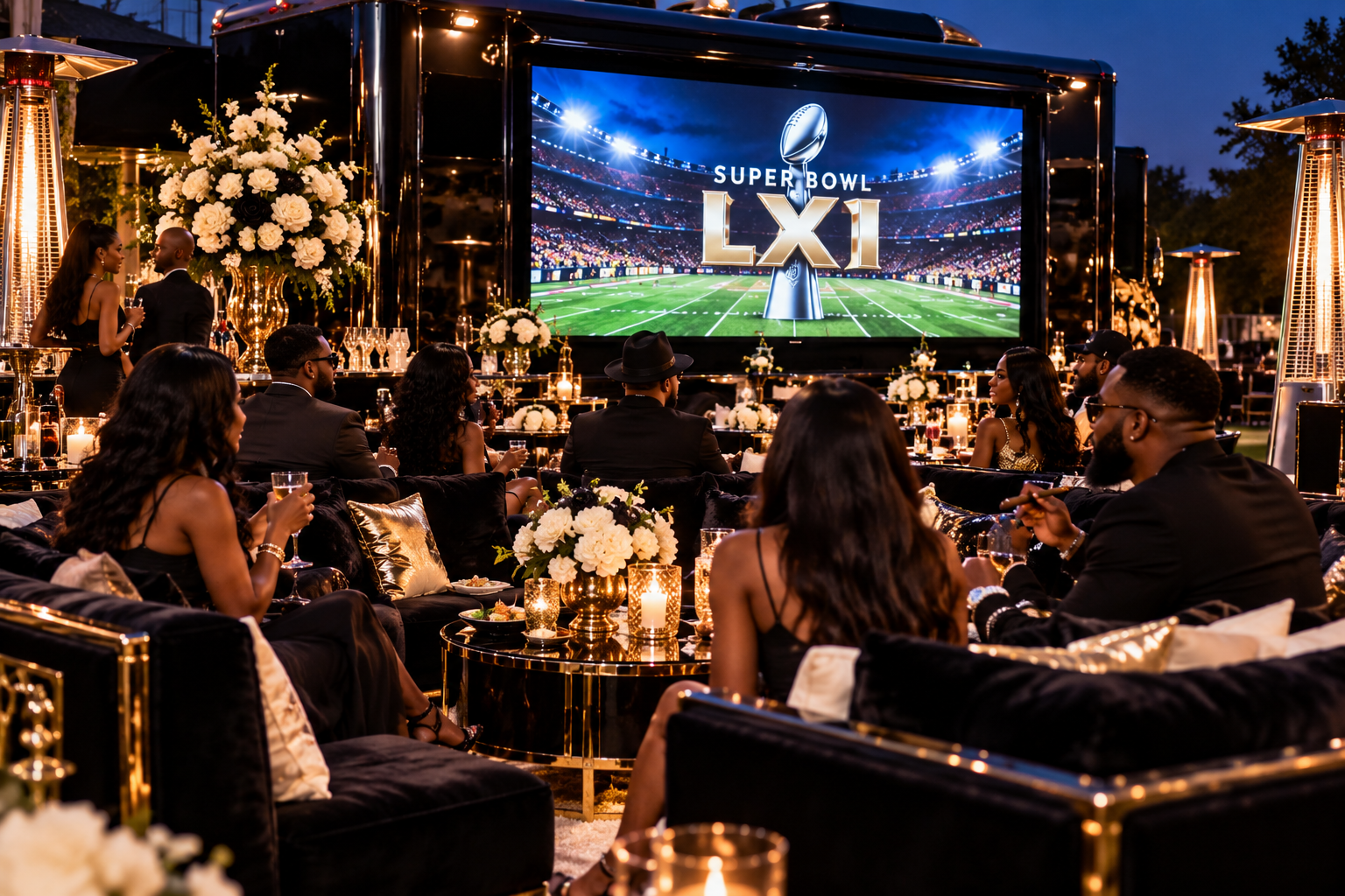 Guests in an upscale lounge setting watching the Super Bowl on a large outdoor screen