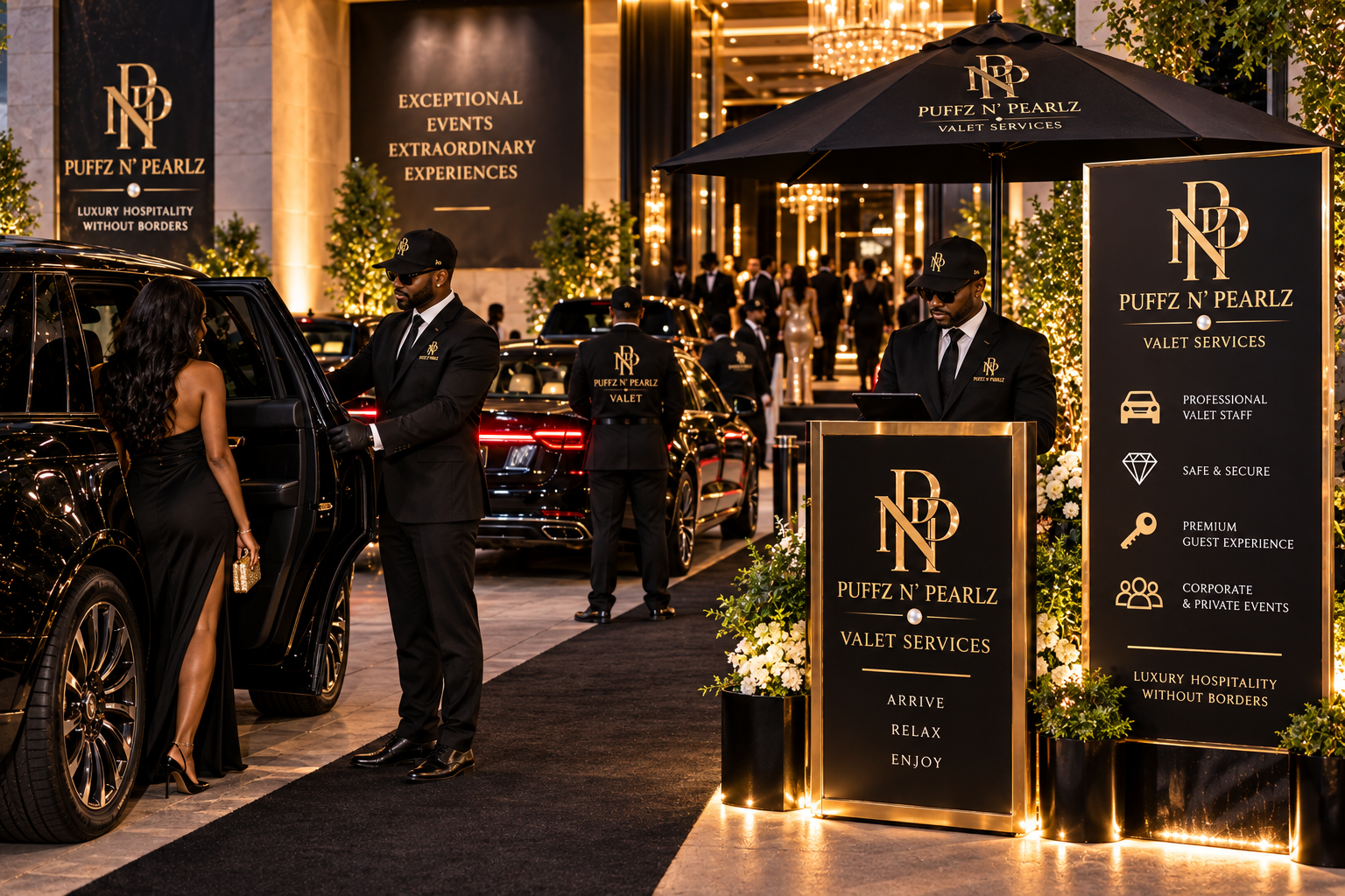Puffz N' Pearlz valet team assisting a guest at a luxury hotel arrival
