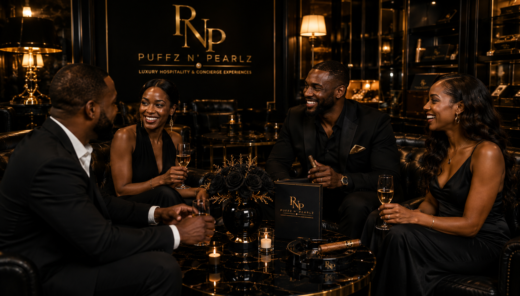 Multicultural executives networking over champagne at a black-tie executive reception