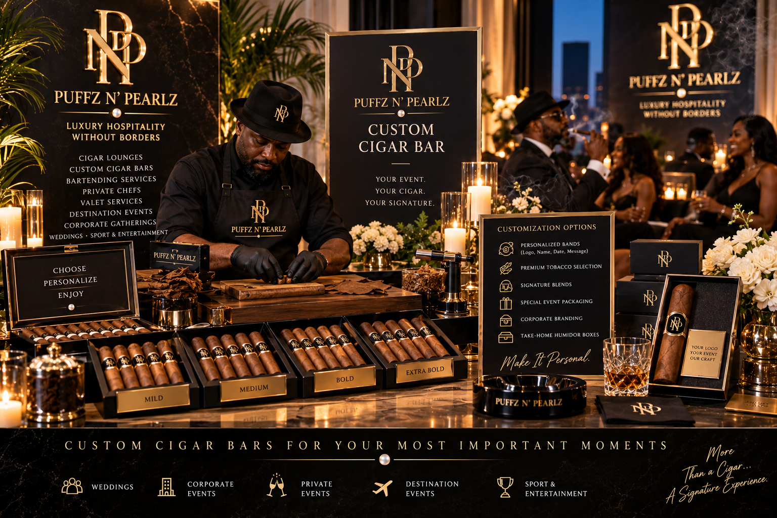 Custom Puffz N' Pearlz cigar bar at a corporate event