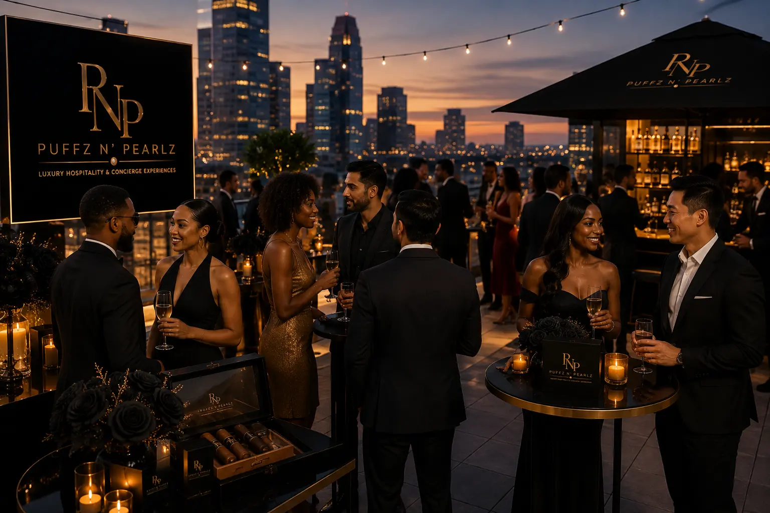 Guests enjoying champagne at a Puffz N' Pearlz rooftop soirée at dusk
