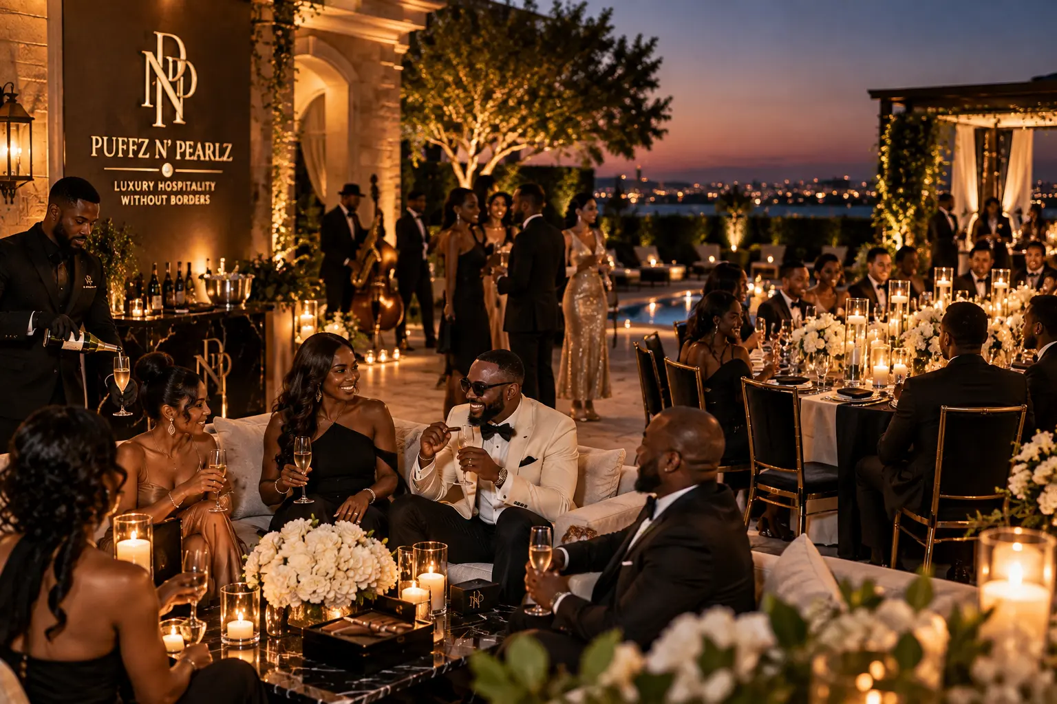 Sophisticated Puffz N' Pearlz private celebration with dining, music and lounge hospitality