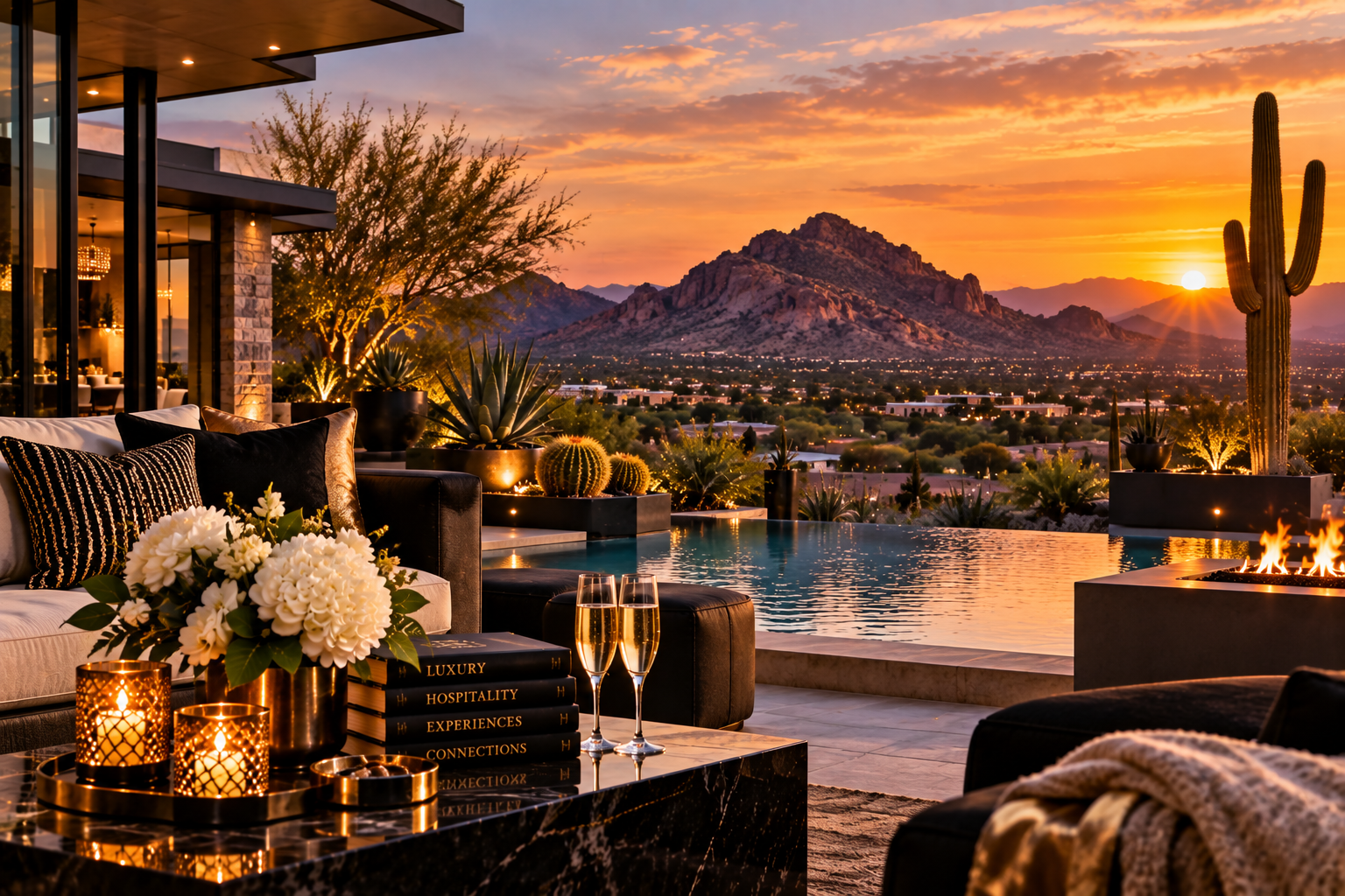 Desert luxury hospitality terrace overlooking the Arizona mountains at sunset