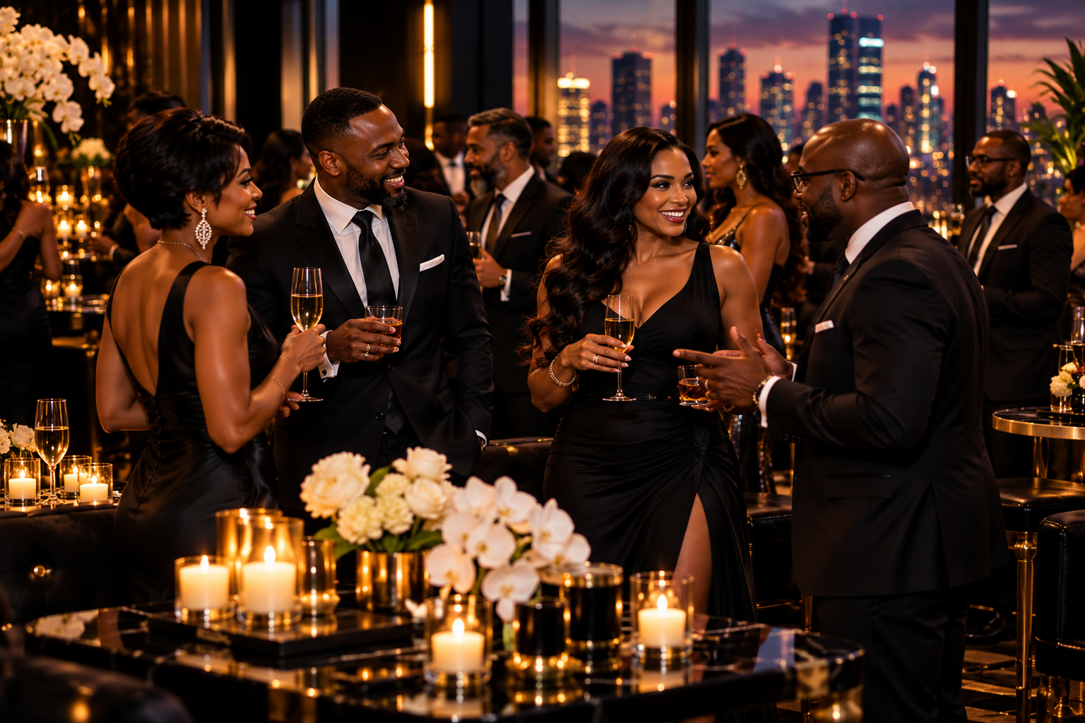 Professionals in conversation at a Puffz N' Pearlz executive reception