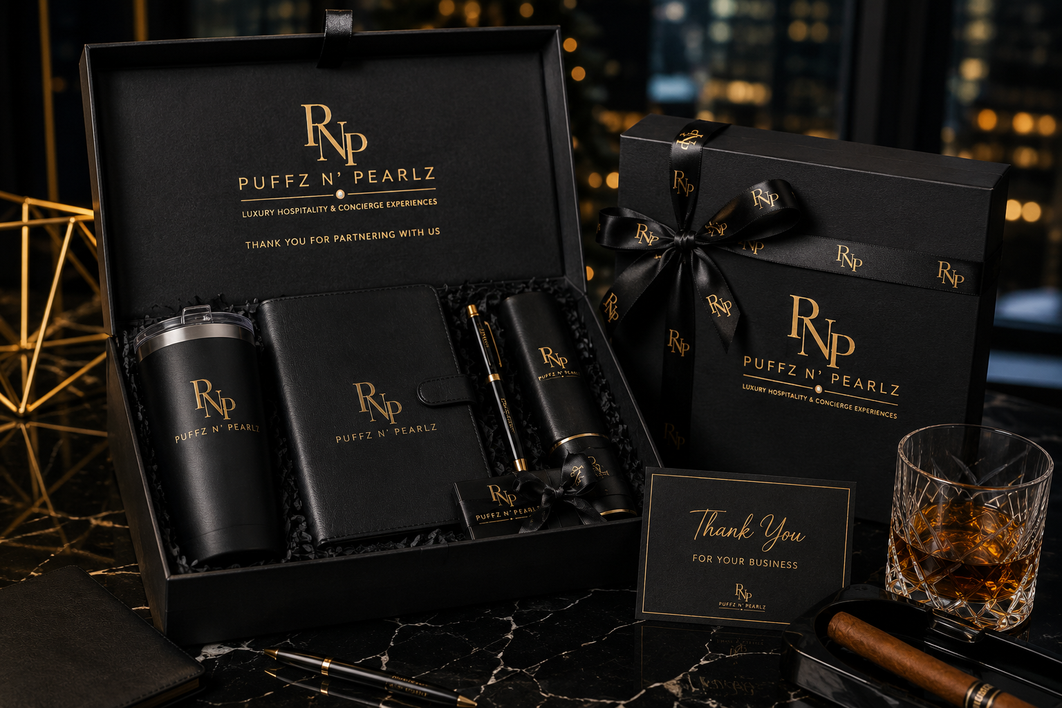 Puffz N' Pearlz luxury corporate gift box with branded tumbler, journal and accessories against a city skyline