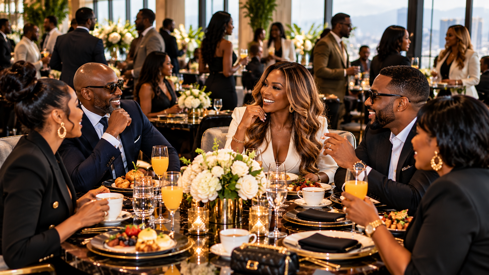 Executives networking over an upscale daytime brunch with city views
