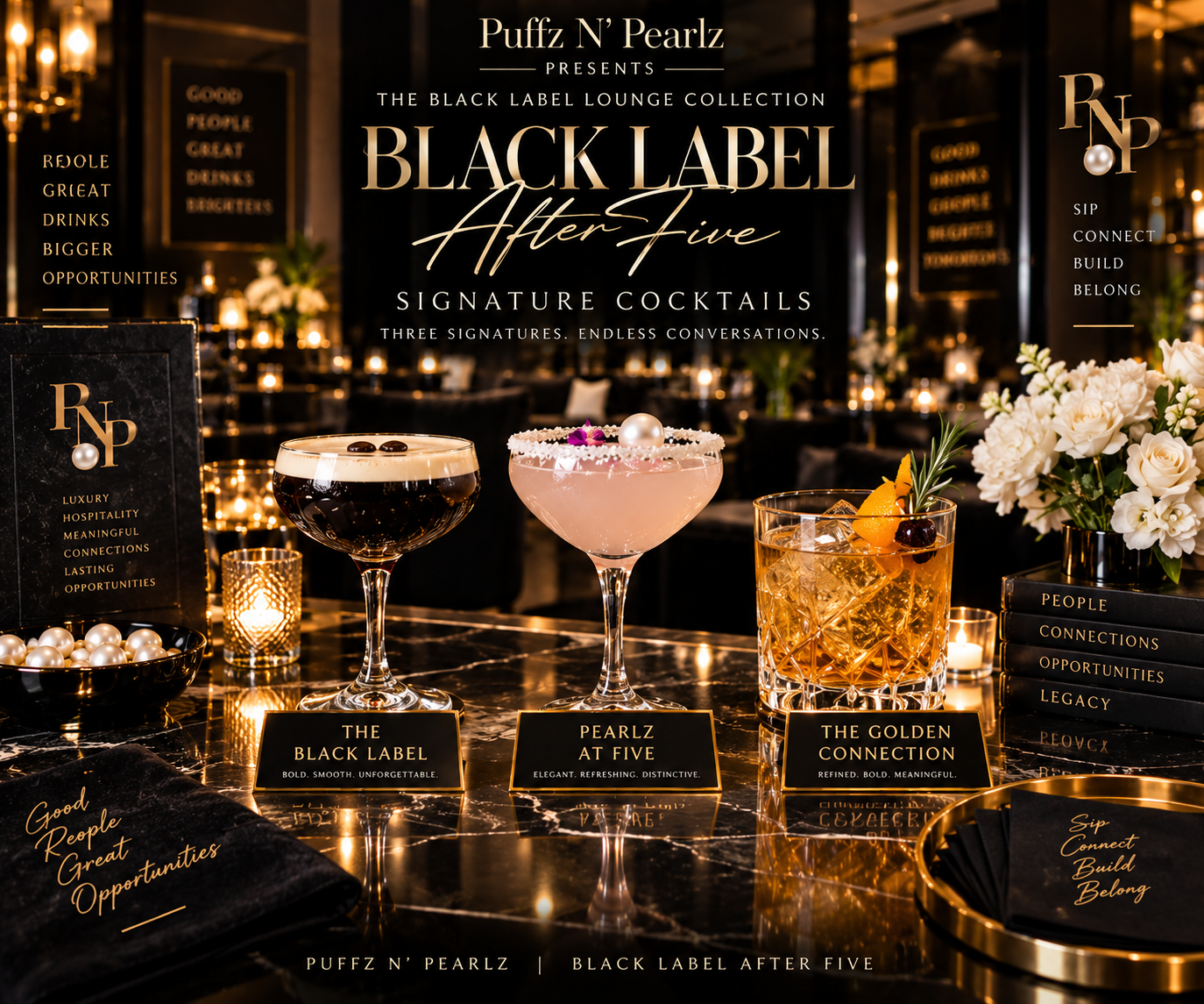 The three approved Black Label After Five signature cocktails presented in the branded lounge