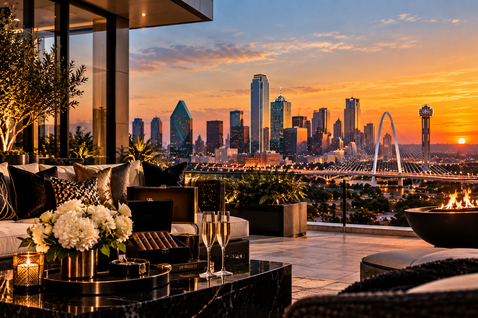 Modern luxury hospitality terrace overlooking the Dallas skyline at sunset