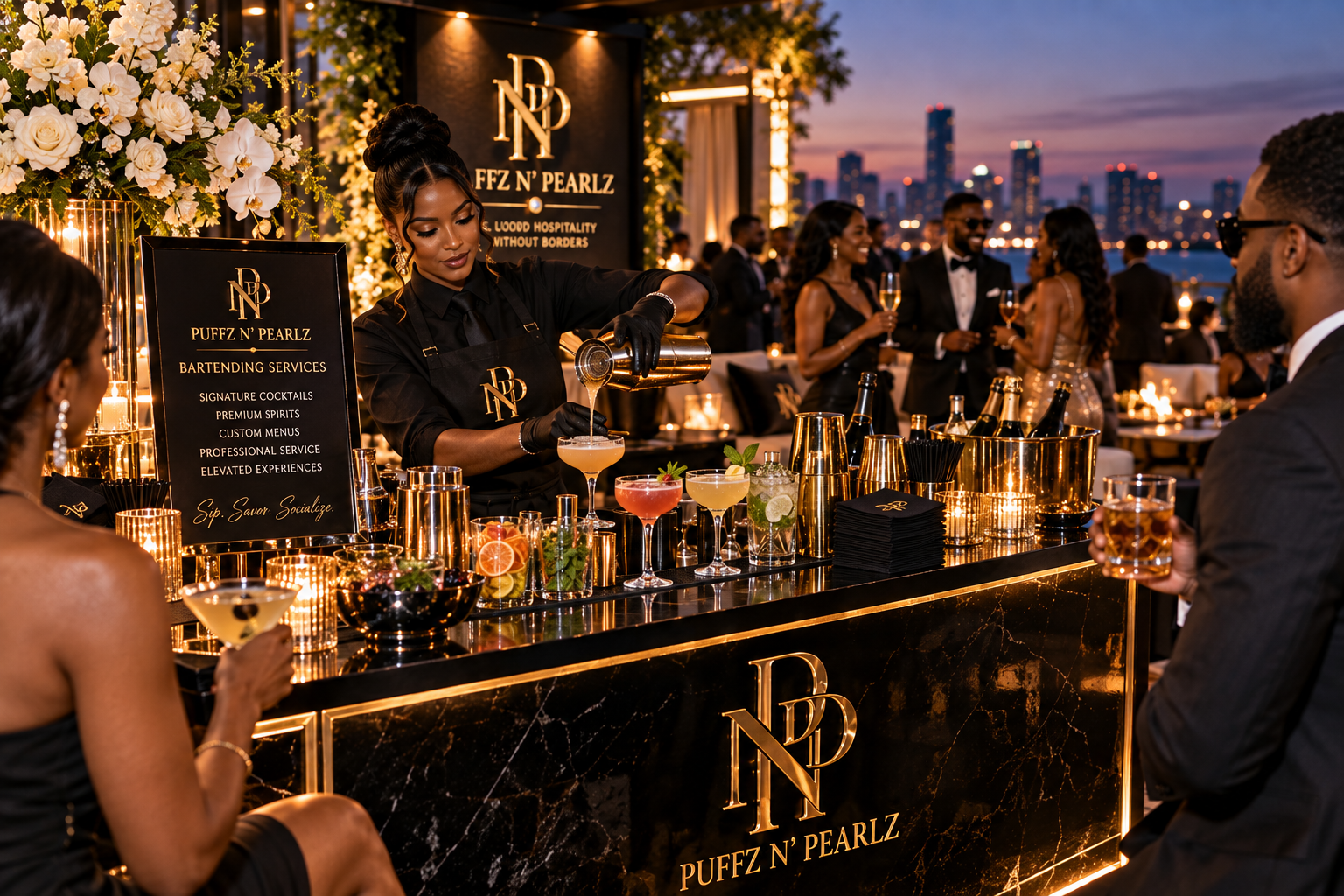 Puffz N' Pearlz bartender preparing cocktails for an elegant reception