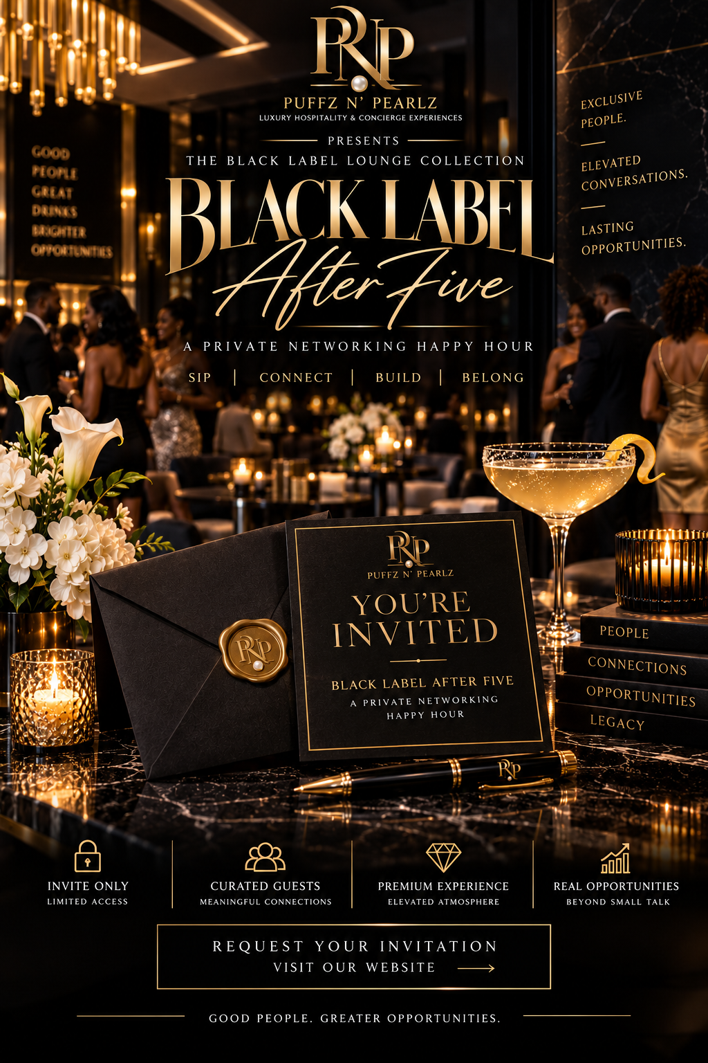 Puffz N' Pearlz Black Label After Five private invitation displayed in the candlelit lounge