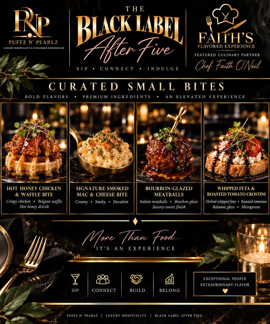 Black Label After Five curated small bites menu by featured culinary partner Faith's Flavored Experience | Chef Faith O'Neal