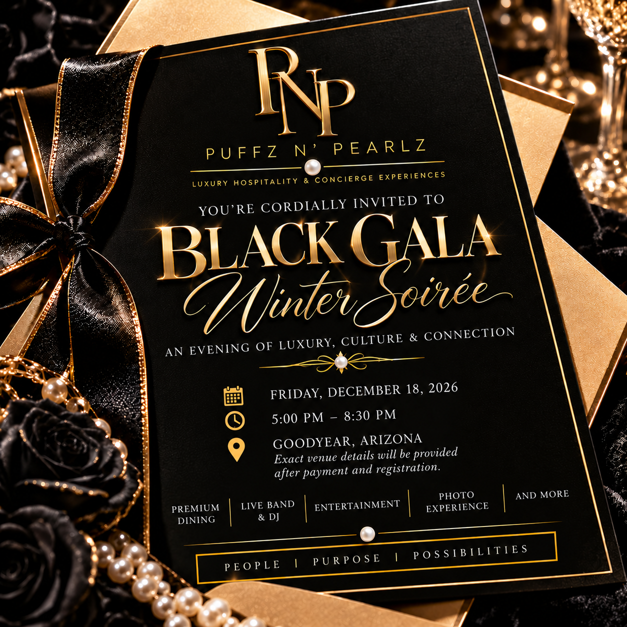 Official Puffz N' Pearlz Black Gala Winter Soirée invitation — Friday, December 18, 2026, 5:00 PM to 8:30 PM, Goodyear, Arizona