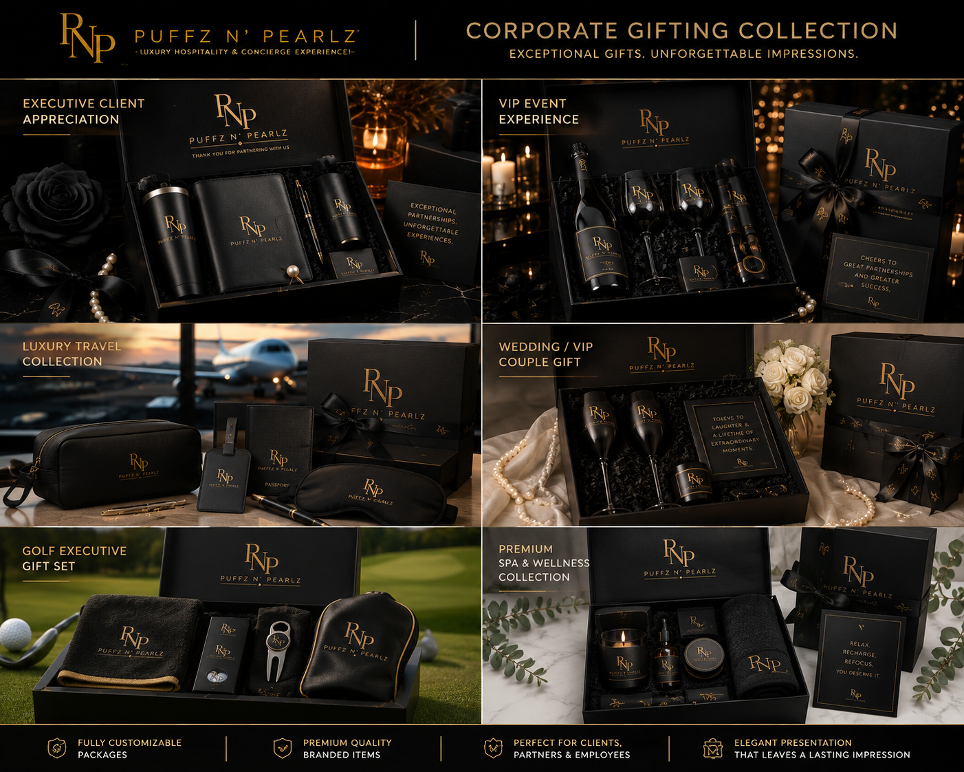 Puffz N' Pearlz gifting collections including executive client appreciation, luxury travel and golf executive gift sets